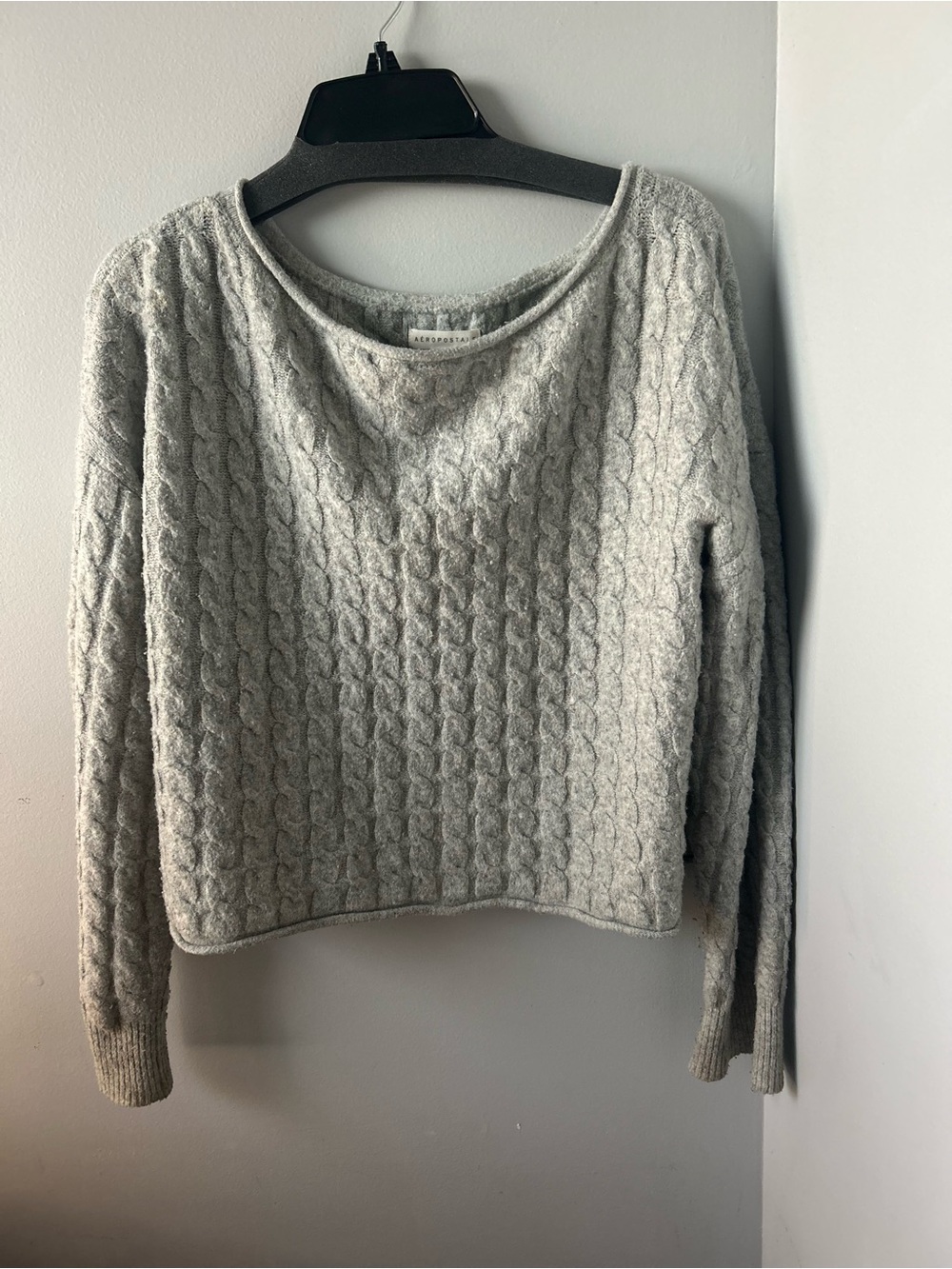 Aeropostale Light Gray Cable-Knit Crewneck Sweater